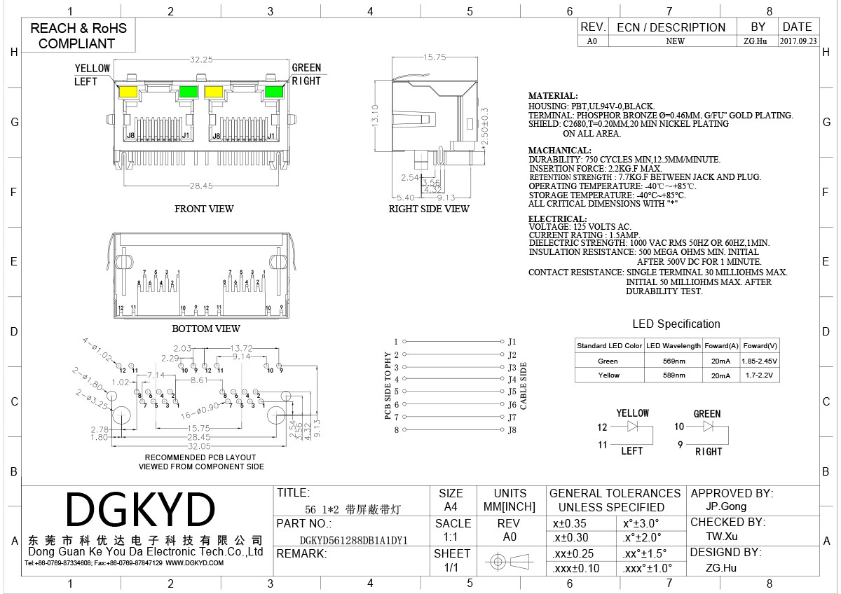 RJ45 horizontal interface 8P8C with light, shielding spring, round needle mesh port DGKYD561288DB1A1DY1
