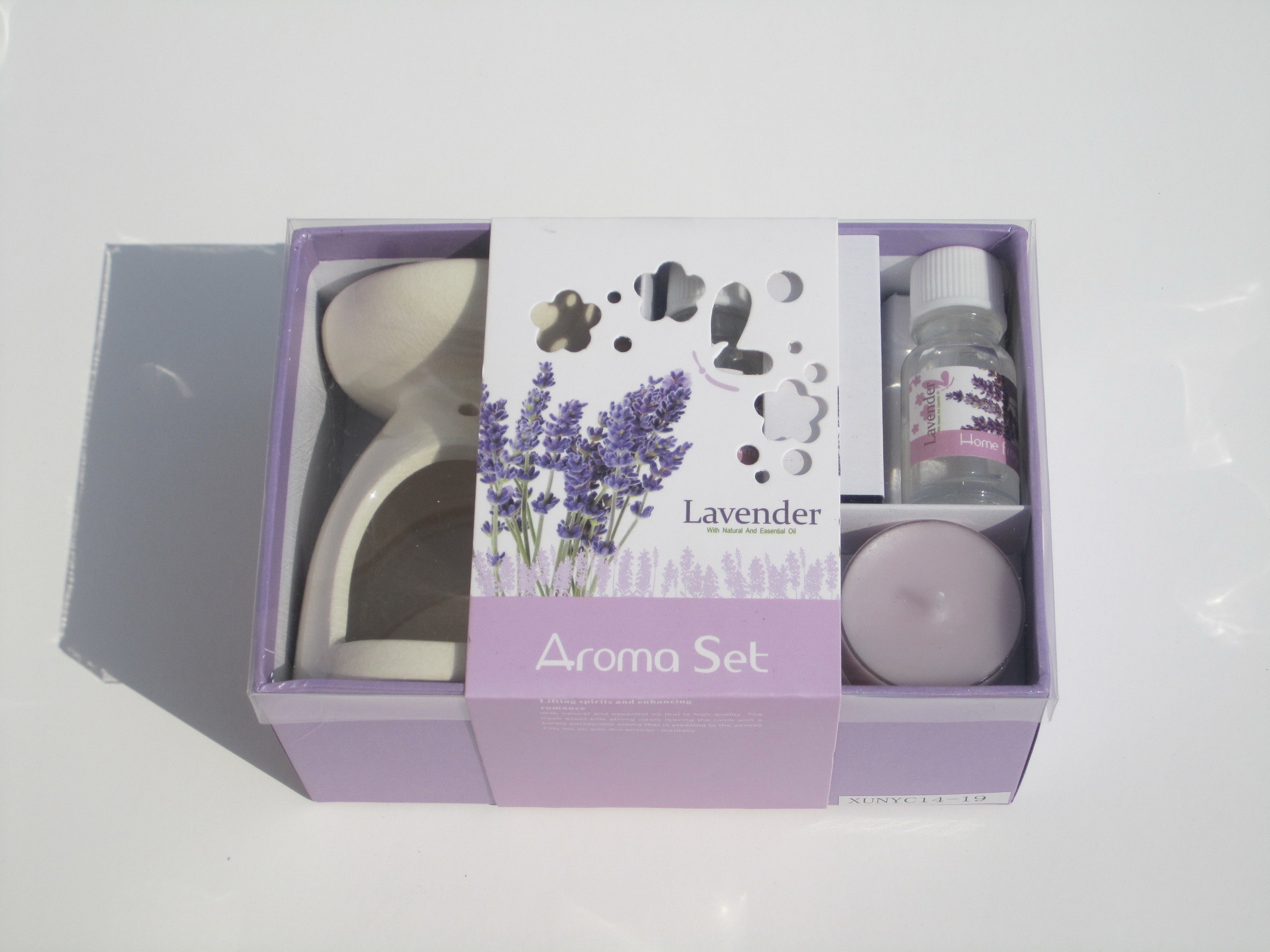 Ivory lavender fragrance scented tealight candle and candle warmer SPA gift with printed label packed into gift box