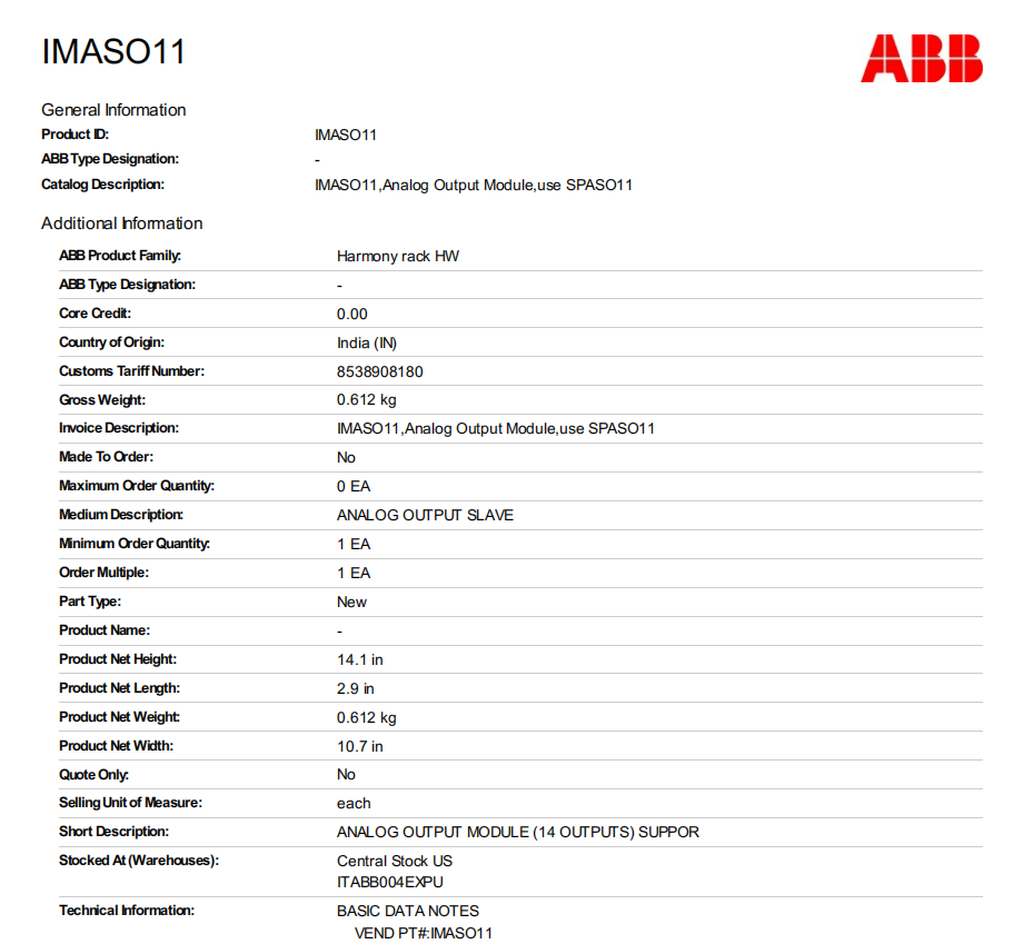 IMASO11 ABB Bailey Analog Output Module Superior Performance for Your Control System