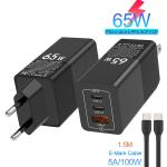 PD GaN Fast Charger 3port QC4.0 65W Type C Charger Adapter 45W 20W