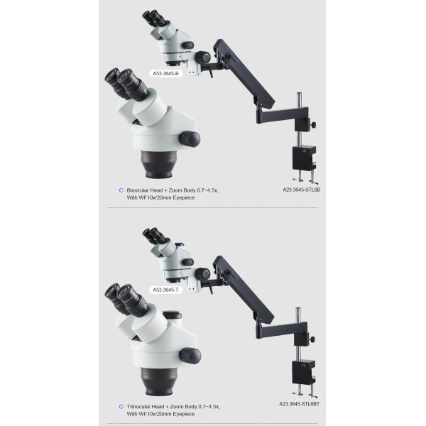 OPTO-EDU A23.3645-STL6BT 0.7-4.5x Trinocular Swing Arm Boom Stand Without Light Source Zoom Stereo Microscope