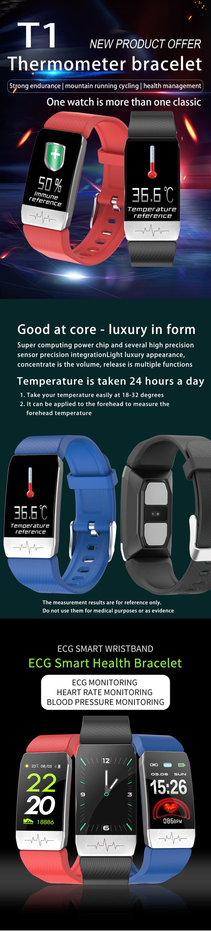 T1 Smartwatch ECG Square Shape 1.14" OLED Health Fitness Wearable Body Temperature Smart Watch