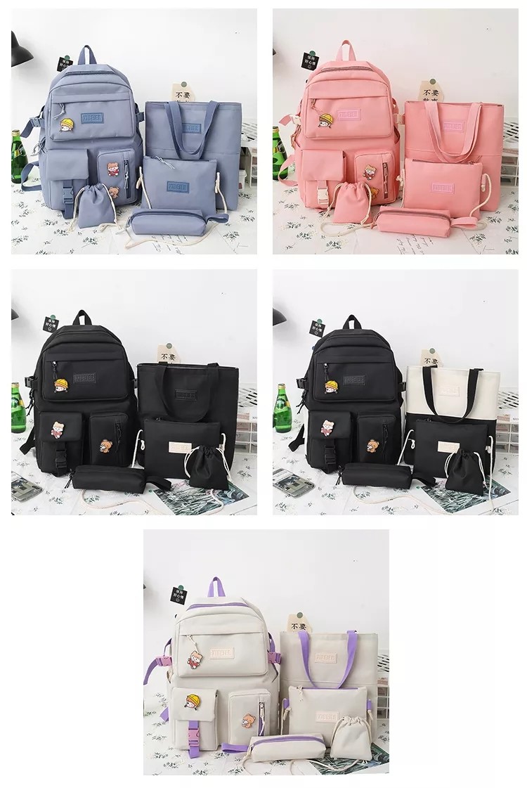 Girls School Bag Set Canvas 5 Piece Backpack Set Sling Pencil Bag ODM