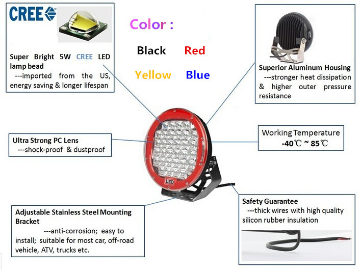 185W 9 Inch Led Car Spotlights IP 68 Round Led Spot Light Fixtures For Optional Color Black, Red, Bule, Yellow