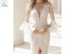 Deep V Neck Long Sleeve Lace Mermaid Wedding Fishtail High Slit Buttons Back