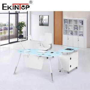 Wholesale White Blue L Shape CEO Office Glass Desk With Cabinet Smooth Surface from china suppliers