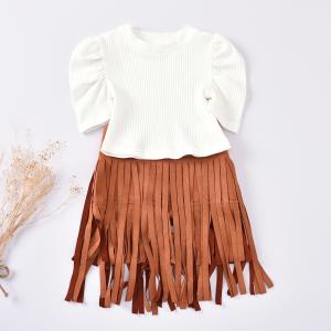 Wholesale 50cm Baby White Suit With Round Neck Roddler Girl Brown Fringe Skirt from china suppliers
