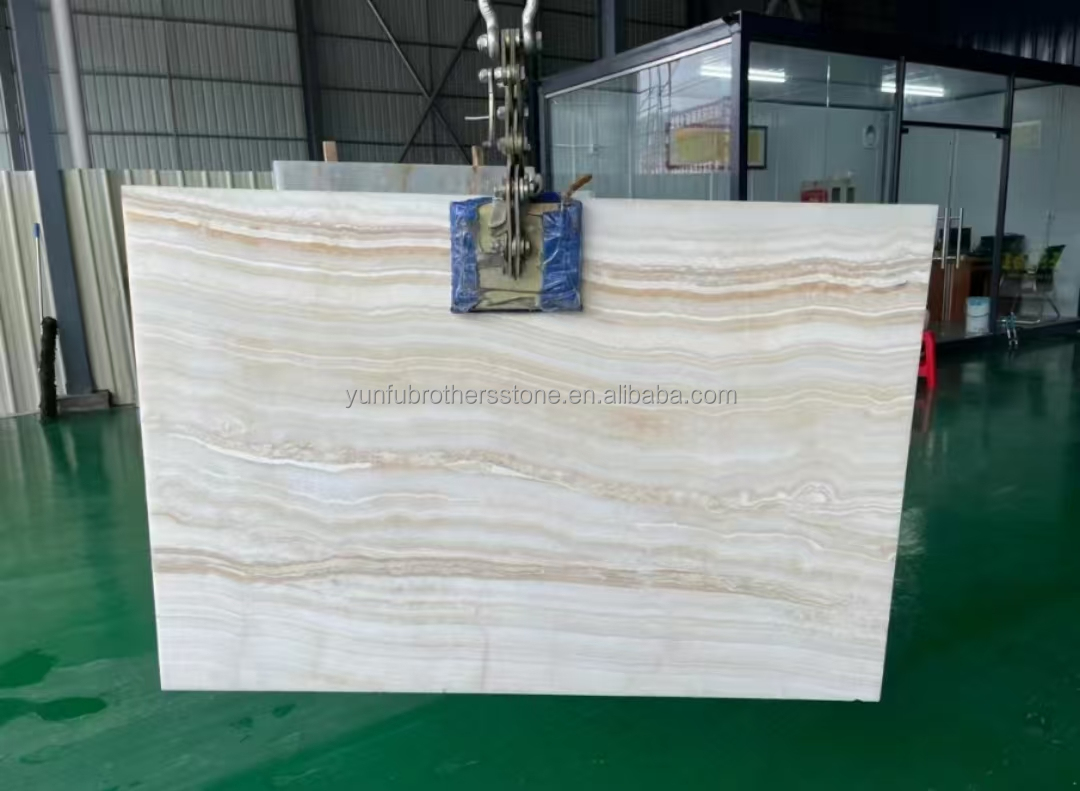 Polished Backlit Onyx Wall Panels and Countertop in Modern White Stone Form Big Slab