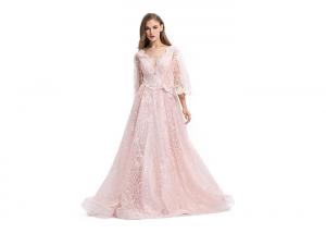 China V Neck Pink Half Sleeve Prom Dress , Organza Evening Dresses With Sleeves on sale
