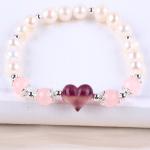 8MM Pink Freshwater Pearl Stretch Bracelet Heart Crystal Carving