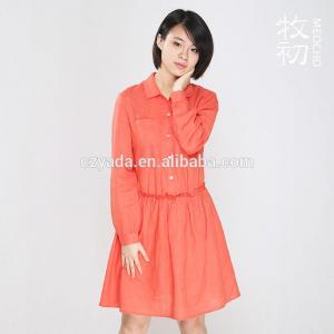 China 2015 Ladies Short Sleeve Orange Pleats Casual Linen Dress With Shirt Collar on sale