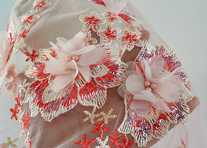 3D Red Flower Bead Embroidered Sequin Lace Fabric With Scalloped Edging For Dress