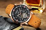 Durable Genuine Leather Wrist Watch Gold Case Hardlex Glass Black Dial