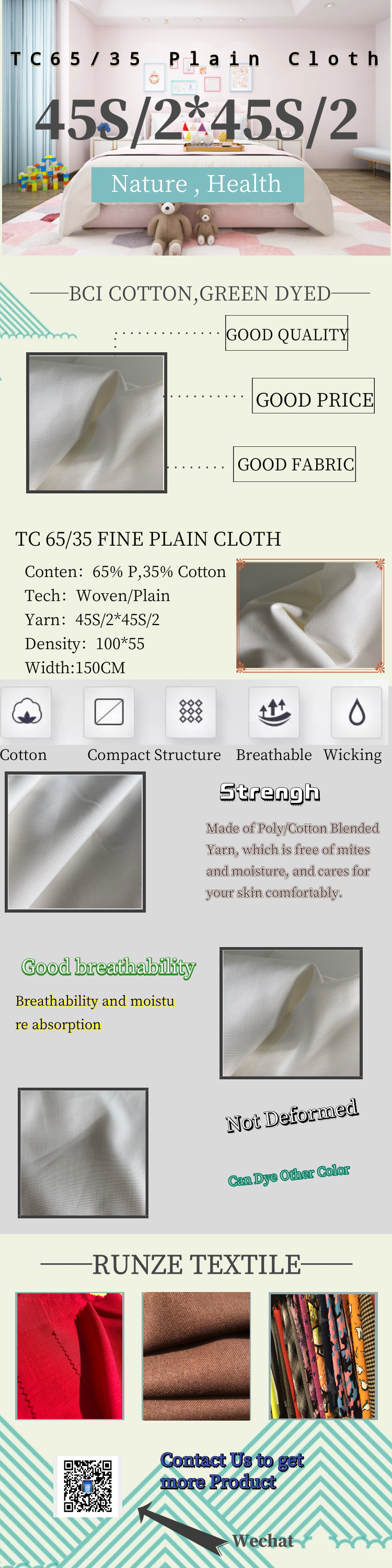 TC Fabric Double 45S Polyester Cotton Blended Yarn Plain Shirting Fine Canvas Cloth