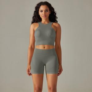 Wholesale Seamless back solid color high waisted tight jacquard back bra vest yoga pants suit from china suppliers