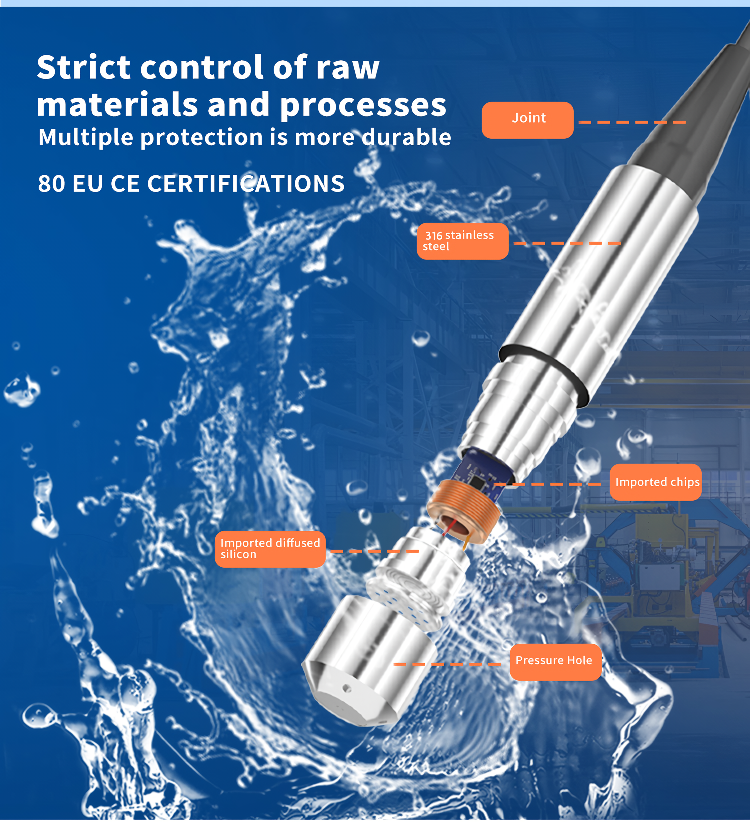 Submersible 4-20ma Water Level Pressure Controller with IP65 Protection and Temp Compensation