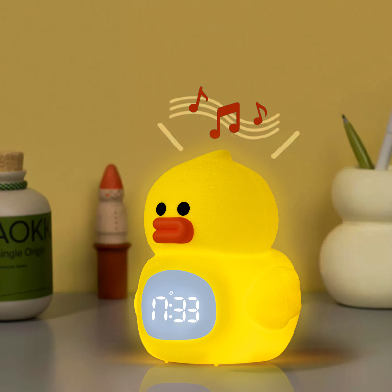 Baby Kid Room Decoration Cute Portable LED Duck Silicone Alarm Clock with Night Light