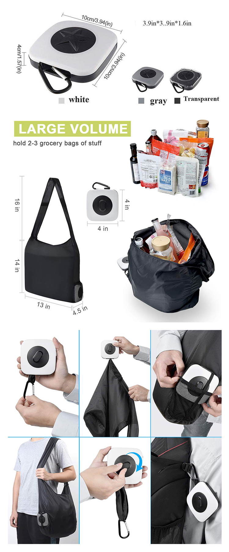 ABS Polyester 10*10cm Reusable Foldable Shopping Bag White Gray