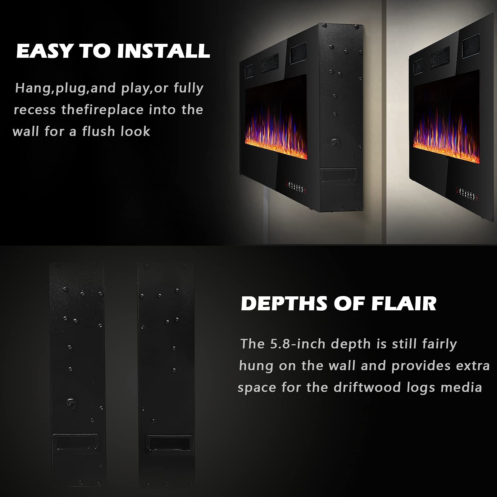 Wall Mounted Electric Fireplace 12 Flame Color Options and Remote Control Included
