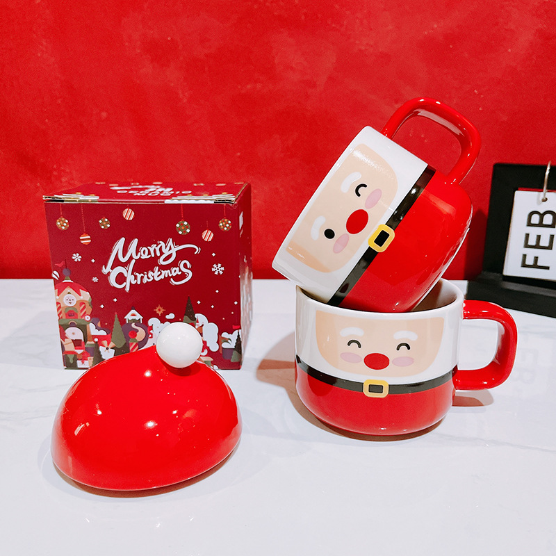 Cute Glossy Ceramic Anniversary Gift Mugs Santa Shape For Christmas Festival