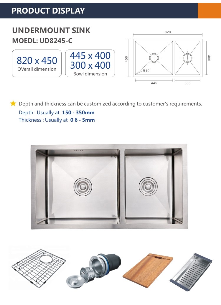 16 Gauge Undermount Stainless Steel Kitchen Sink 60/40 82x45