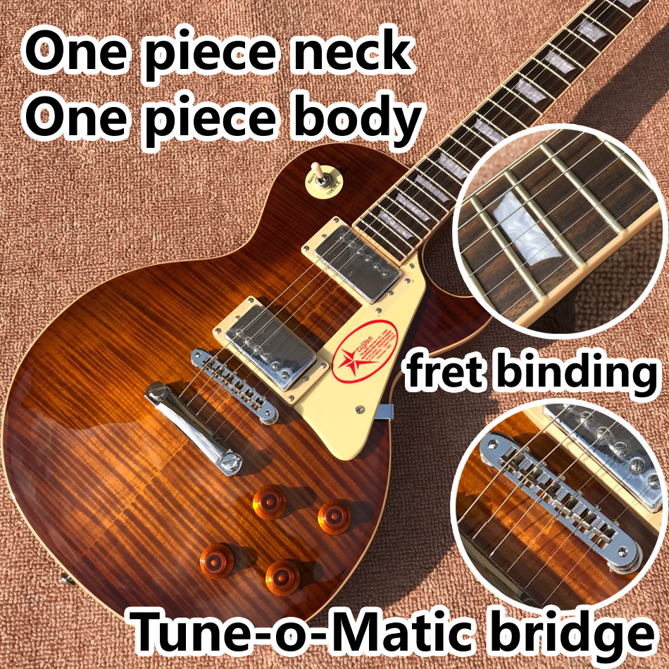 One piece of body & neck LP electric guitar Yellow tiger top adjusting the adjacent Matic bridge