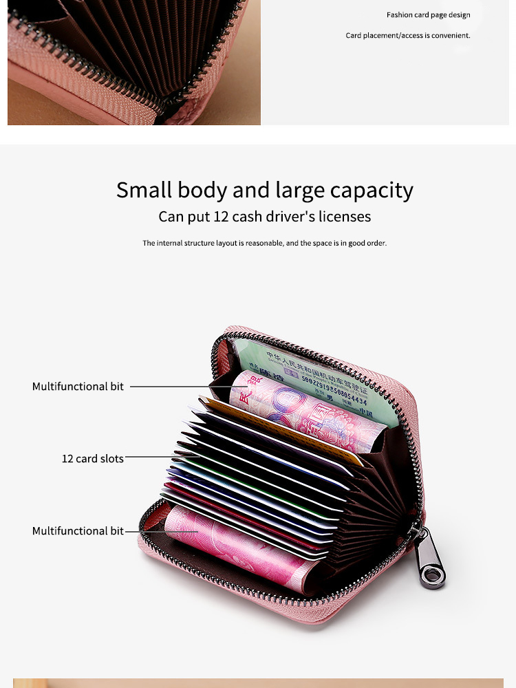 Rfid PU Leather Multi-position Credit Card Holder for Men's and Women's Zipper Wallet
