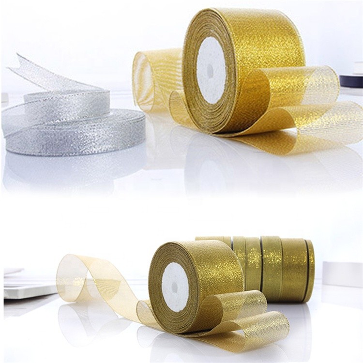 Durable Gold Glitter Ribbon , Grosgrain Fabric Gift Packaging Ribbon