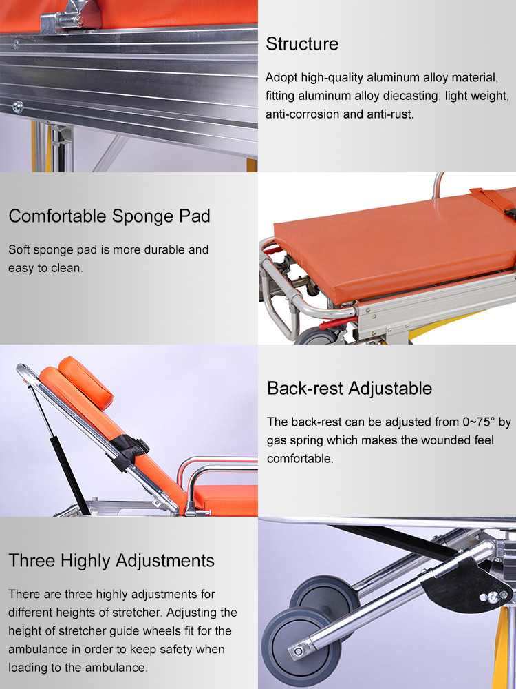 Hospital Medical Adjustable Patient Trolley Aluminum Alloy Emergency Rescue Folding Patient Transfer Transport Ambulance