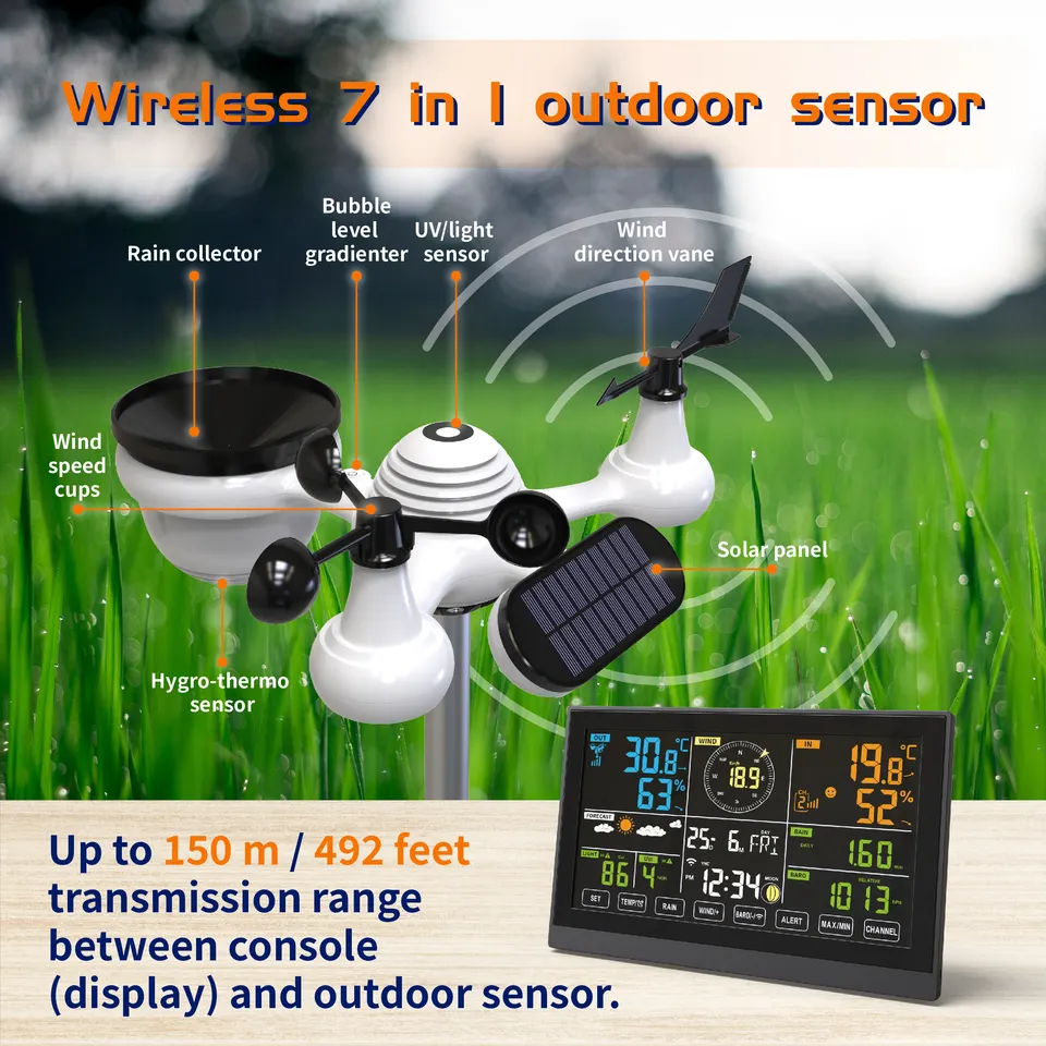 High Temperature Monitoring 7 in 1 Wifi Tuya Weather Station with UVI Light Intensity
