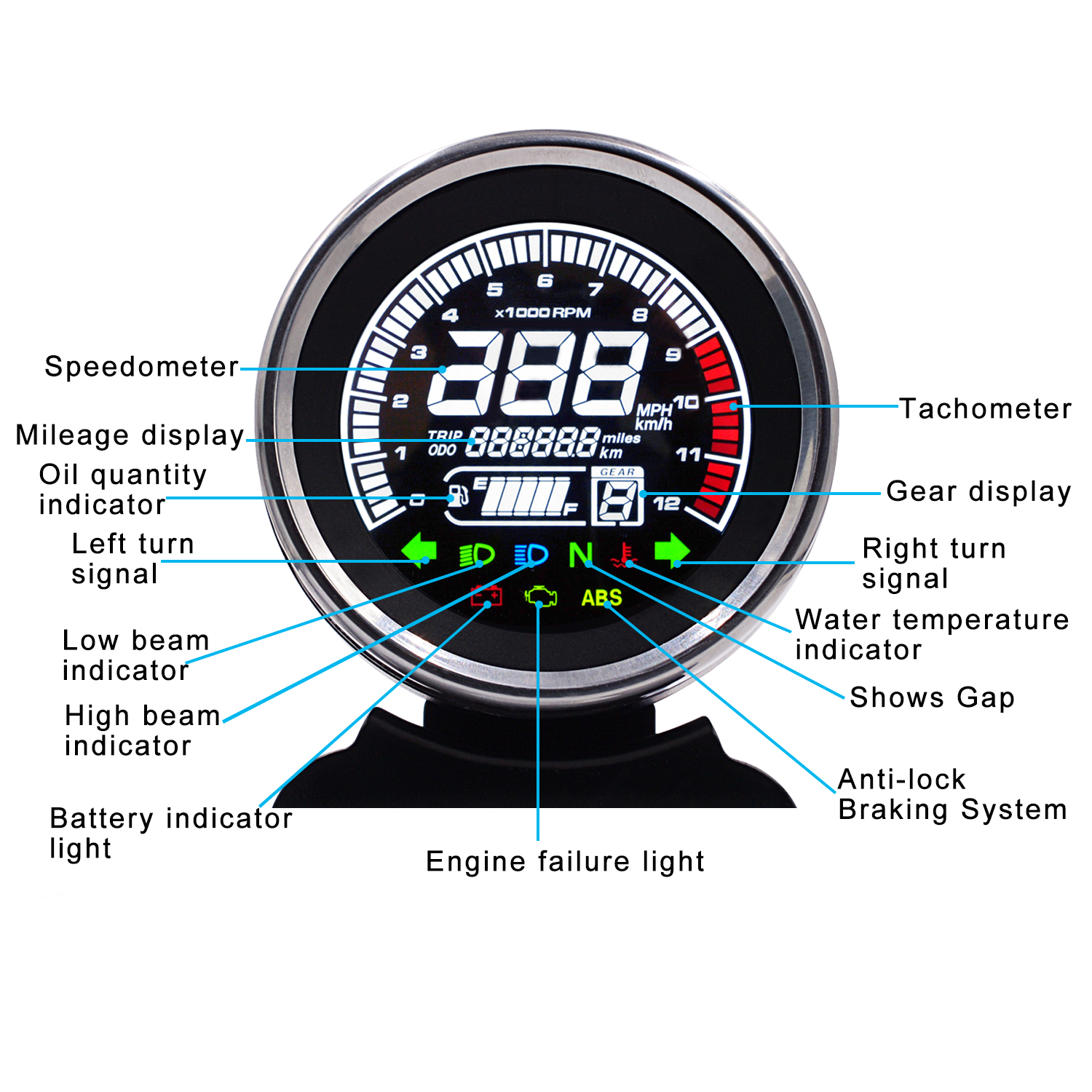ROHS DC12V LCD Fuel Motorcycle Meter With 1-6 Gear Display