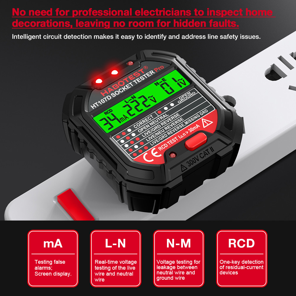 HT107 Socket Tester Pro Voltage Test RCD 5/30mA Socket Detector Ground Zero Line Plug Polarity Phase Check