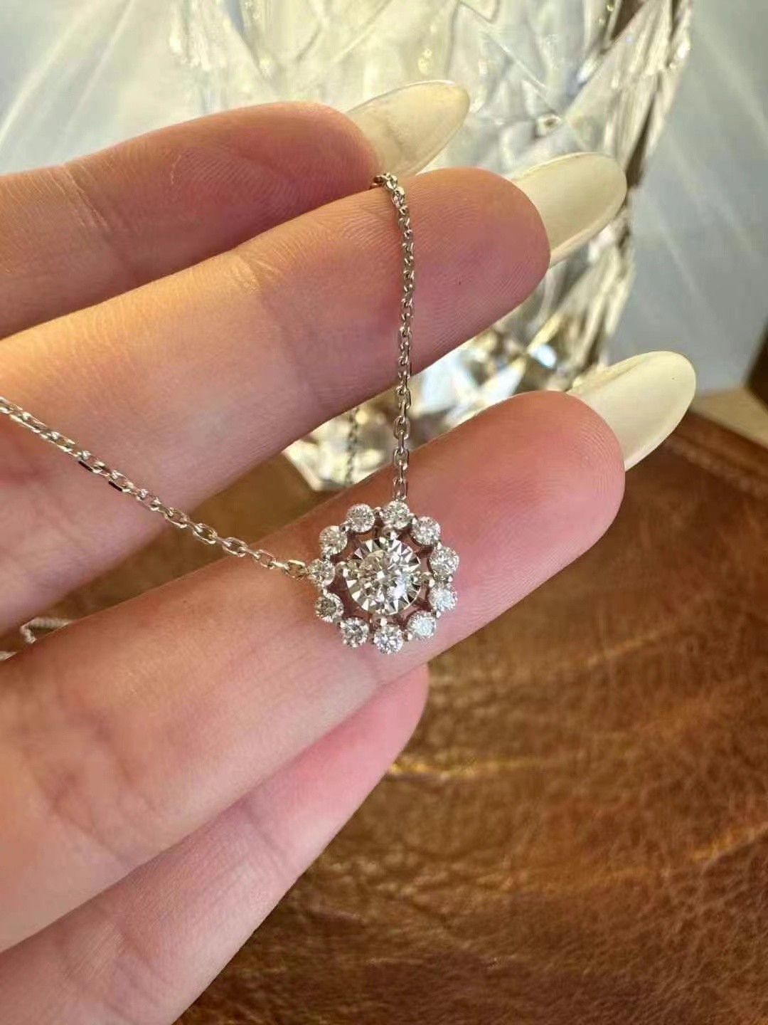 Lab Grown Diamonds Sun Flower Necklace with Round Halo Pendant in 18K White Gold