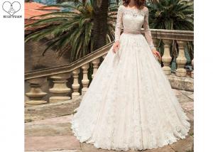 China White Lace Elegant Long Sleeve Wedding Dresses Beaded Belt Floor Length on sale