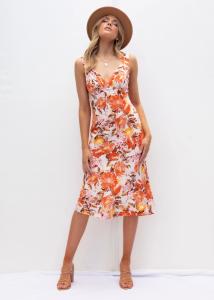 China Slim Fit Sleeveless Print Dress V Neck Floral Dress Ladies Polyester Fiber on sale
