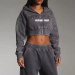 Custom Women Sweatsuit Acid Wash Zip Applique Distressed Embroidery Patch