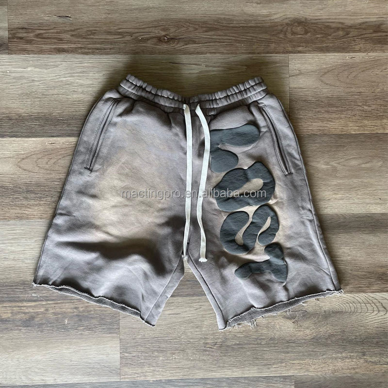 Acid Wash Sun Faded Oversized Shorts Custom Logo Puff Print Men's French Terry Joggers