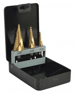 China 3Pcs Titanium Spiral Flute Step Drill Bit Set Hex Shank Packaging In Metal Box on sale