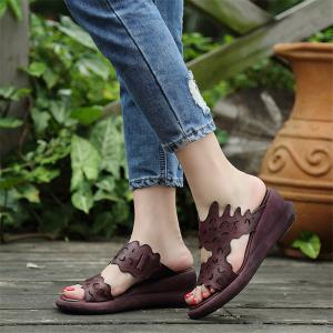 Wholesale S012 Handmade original first layer leather fish mouth wedge heel women's sandals retro style thick-soled soft leather wo from china suppliers