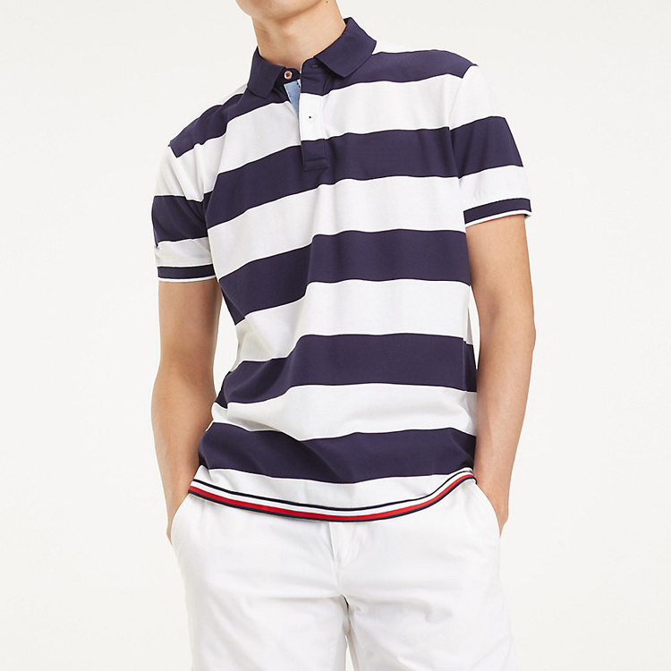 High Collar Stripped Golf Polo Shirt for Men Customised Logo Cotton Material
