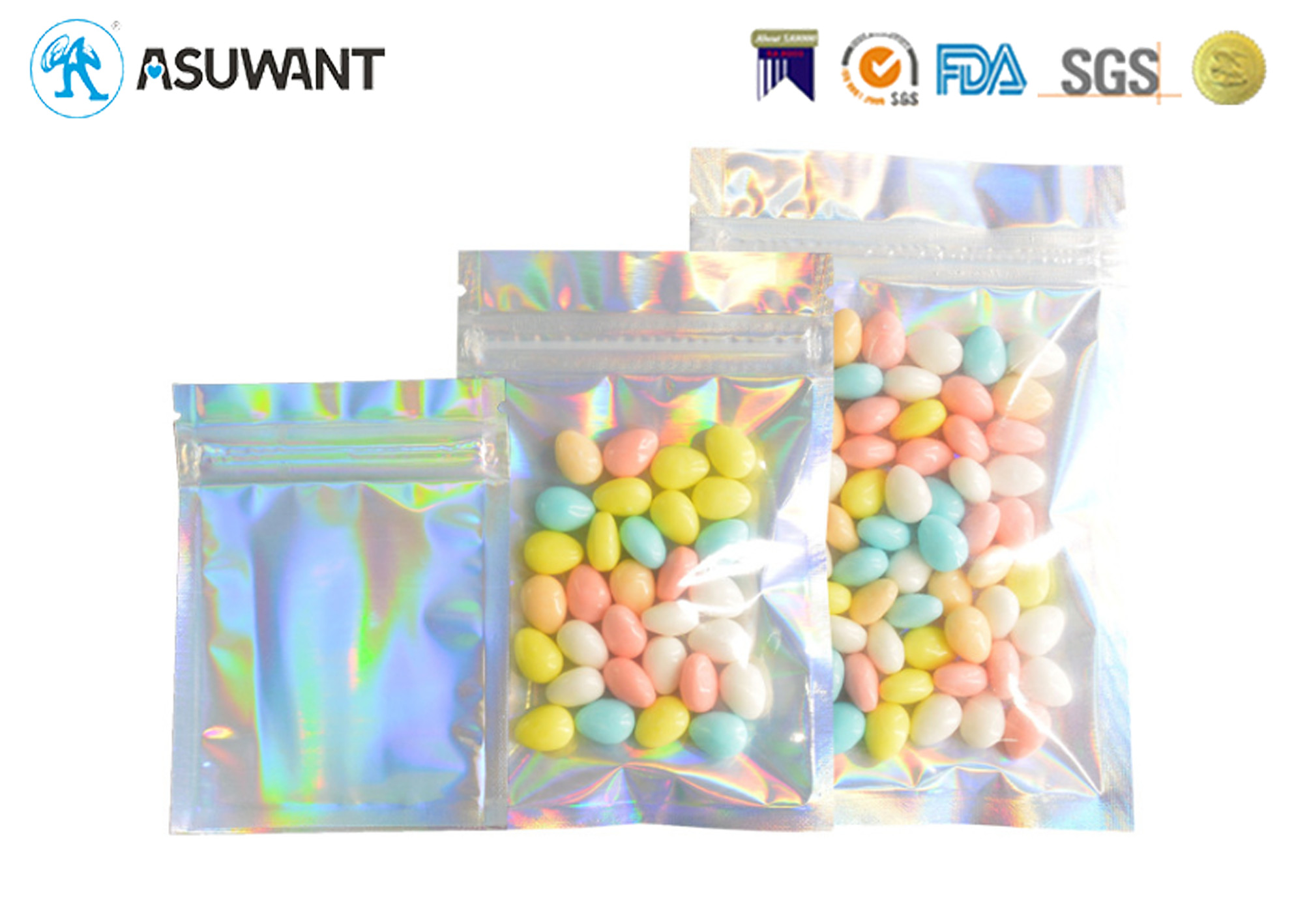 Holographic Weed Aluminium Foil Mylar Zipper Bags For Candy