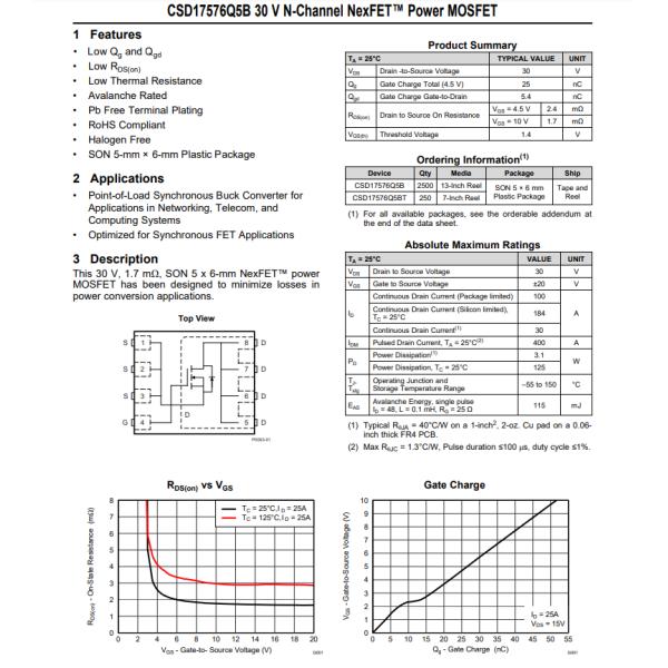 CSD17576Q5B N-Channel 30 V 100A (Ta) 3.1W (Ta) 125W (Tc) -55°C ~ 150°C (TJ)
