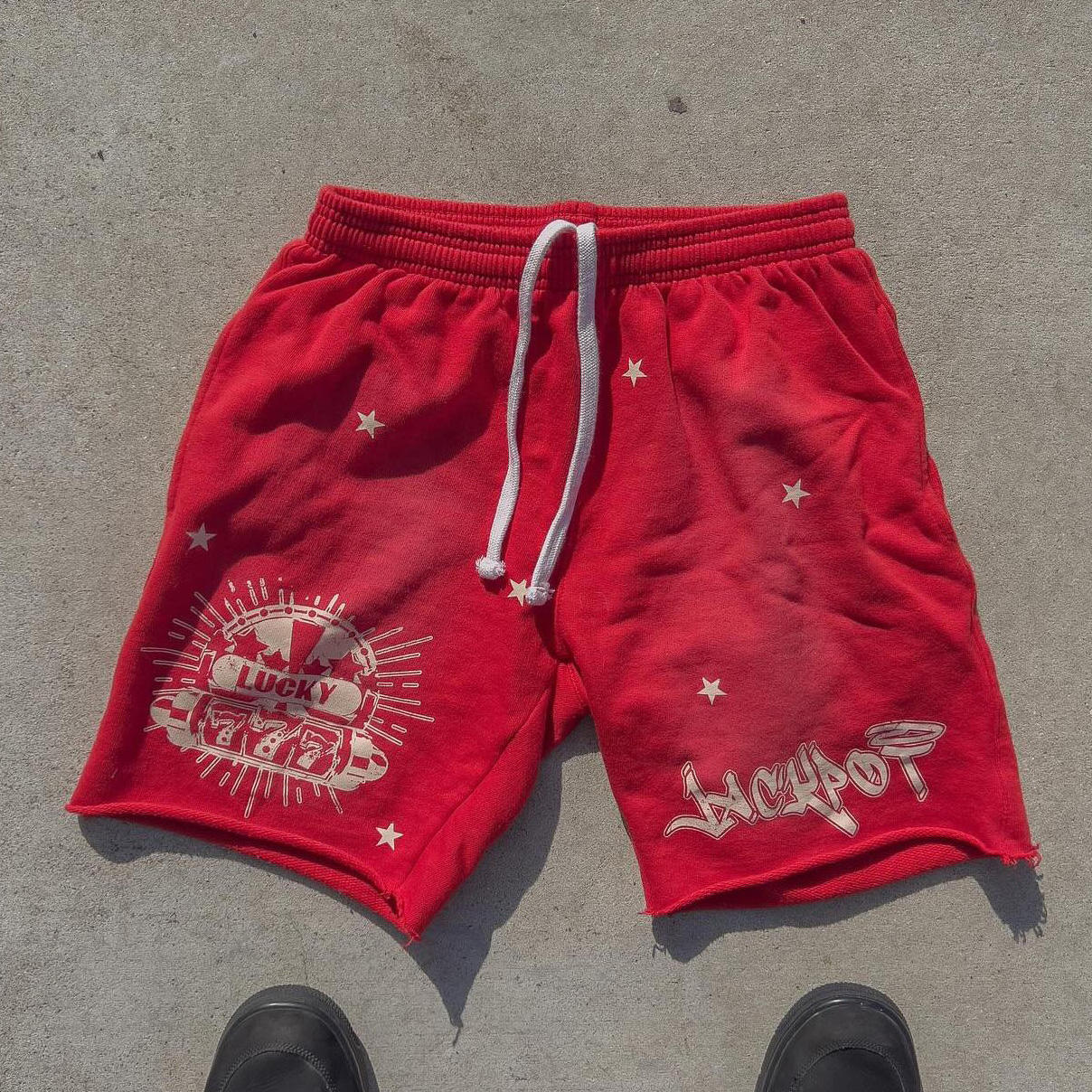 Men's Elastic High Waist Raw Hem Washed Cotton Shorts with Custom Sun Faded Acid Wash