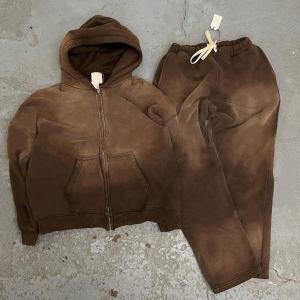 Wholesale Stylish Men's Cotton Zipped Destroyed Sun Faded Hoodie and Sweatpants Set for Jogging from china suppliers