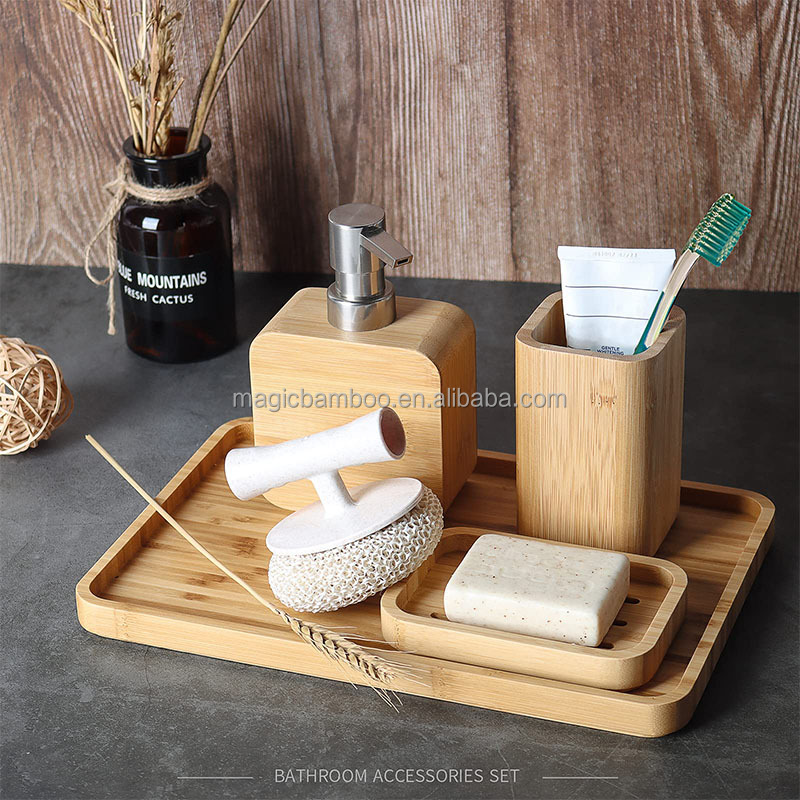 4pcs Natural Bamboo Bathroom Accessories Set For Hotel House Office Toilet