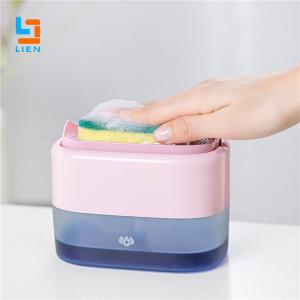 China Countertop Dishwashing Soap Dispenser With Sponge Holder 500ml Pink Blue Colors on sale