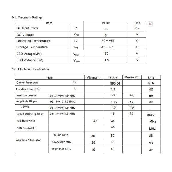 SMD 3.0*3.0mm Saw filter DCC6C 966.34MHz with 30MHz bandwidth for Wireless Communication