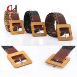 PU Retro Braided Belt Women'S Simple Resort Style Wood Buckle