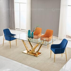 Wholesale Rectangular Width 35inch Tempered Glass Dining Table Gold Metal Legs from china suppliers
