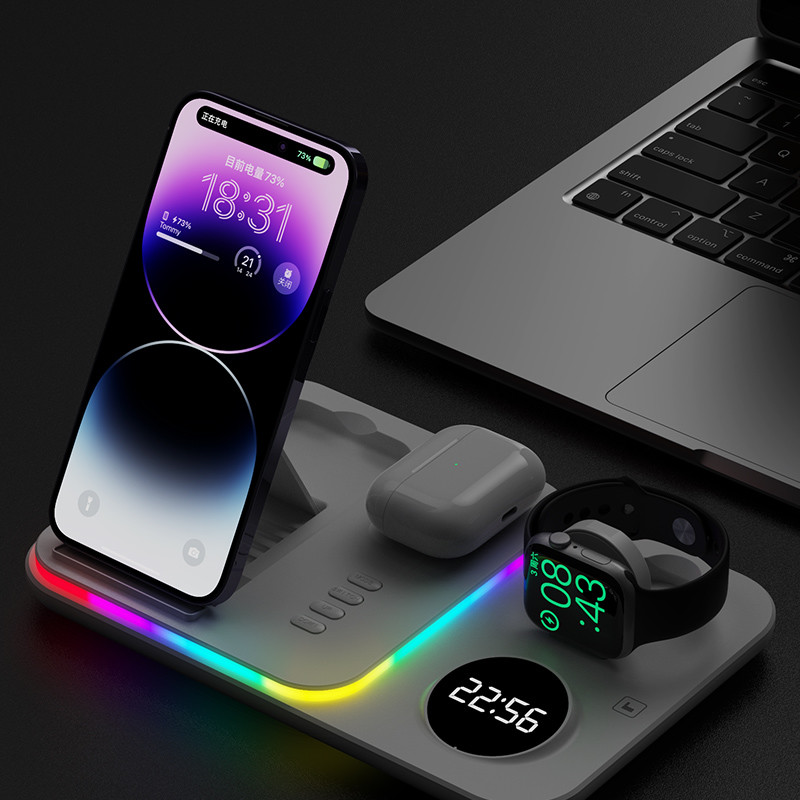 LED 3 In 1 Foldable Wireless Charger 15W 10W 7.5W 5W With Clock